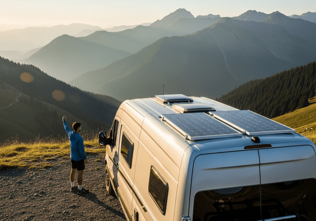Furgoneta camper con un kit solar en el techo, aparcada en la montaña.