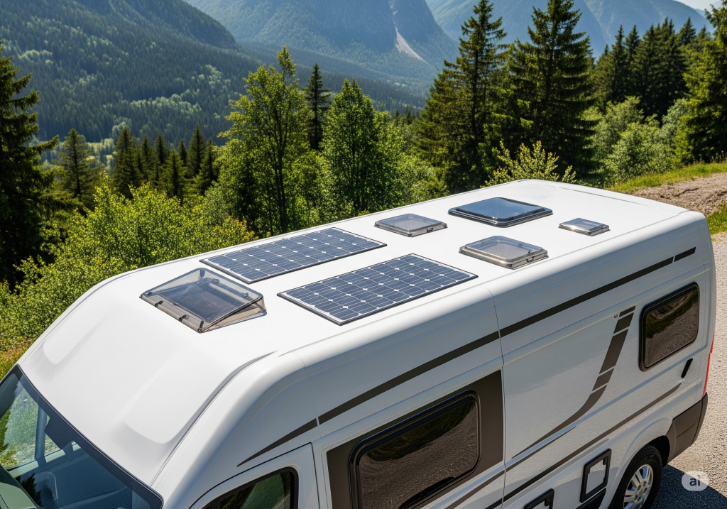 Furgoneta camper blanca con dos placas solares flexibles instaladas discretamente en su techo, rodeada de un paisaje montañoso y boscoso bajo el sol, simbolizando la autonomía energética en viajes.