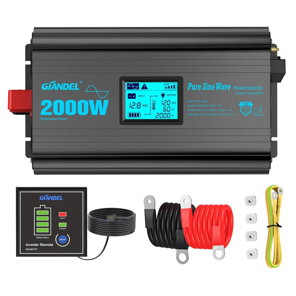 Inversor Giandel 2000W Onda Pura con sus conexiones y pantalla LCD