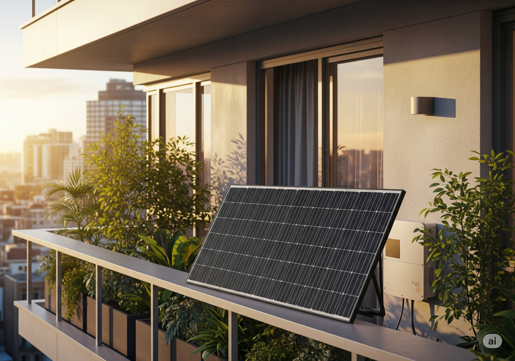 Kit solar para balcón con un panel fotovoltaico instalado en la barandilla de un piso.