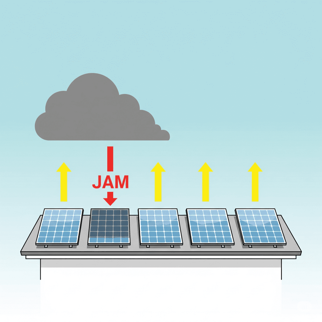 Ilustración que muestra el problema de las sombras en placas solares, donde un panel sombreado frena la producción de energía de toda la serie.
